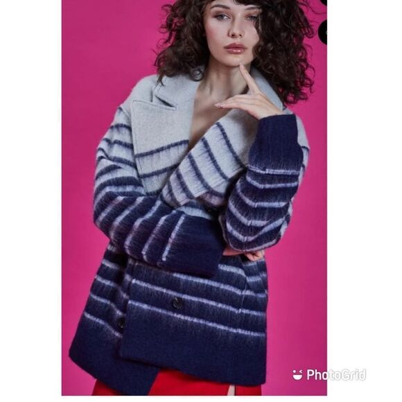 AVEC LES FILLES SAILOR STRIPE DOUBLE-BREASTED‎ PEACOAT, blue gray sz medium NEW! - Picture 1 of 12